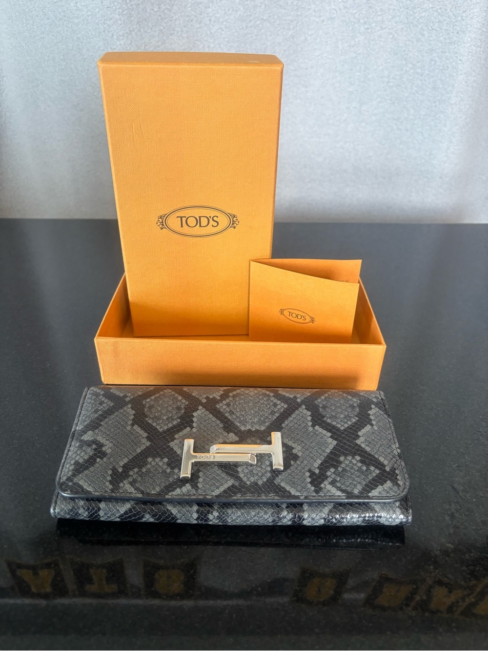 Authentic TOD'S Double T Black & Gray Python Embossed Leather Wallet- with box
